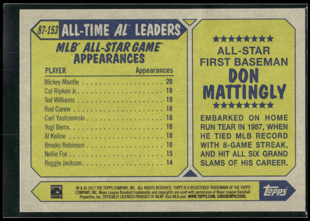 2017 Topps #87-153 Don Mattingly 1987 Topps Baseball 30th Anniversary