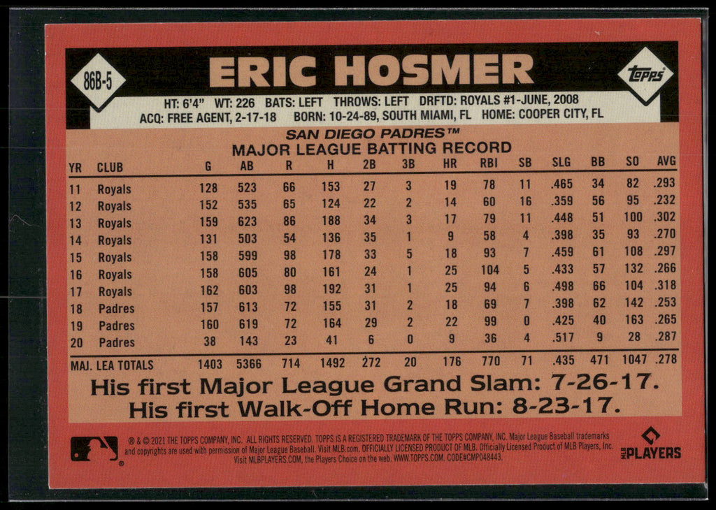 2021 Topps Update #86B-5 Eric Hosmer 1986 Topps Baseball 35th Anniversary
