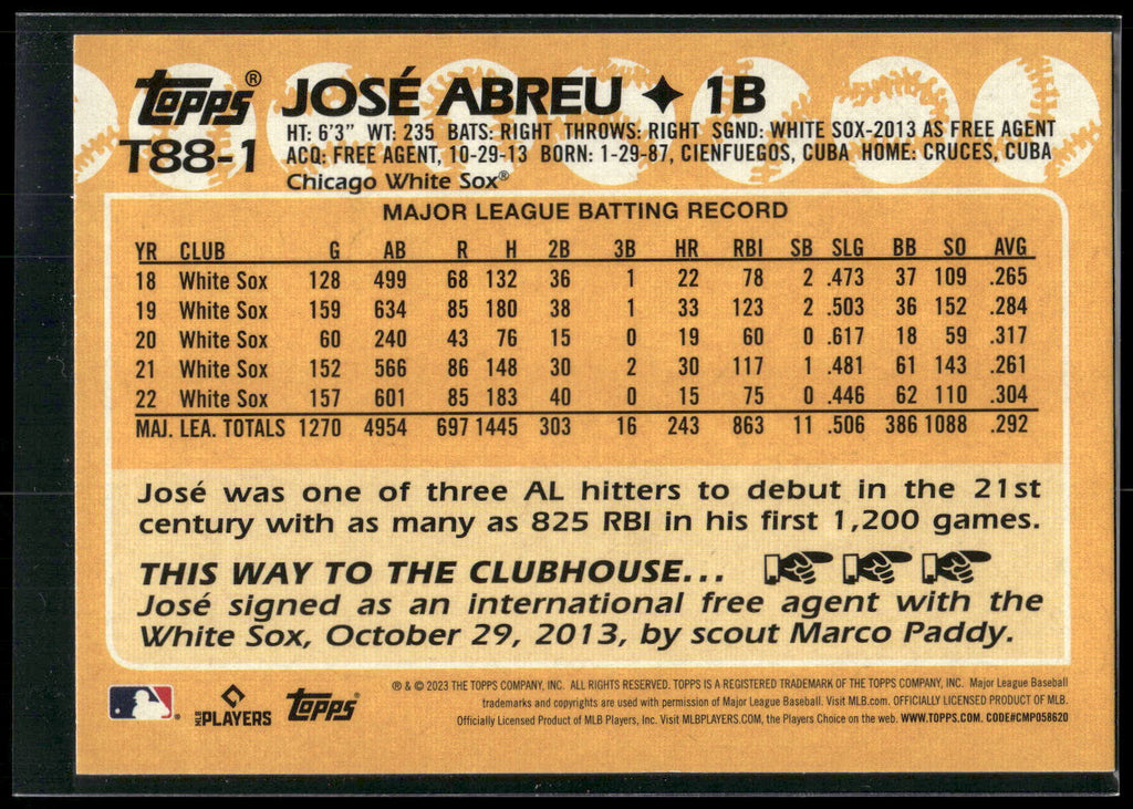 2023 Topps #T88-1 José Abreu 1988 Topps Baseball 35th Anniversary (Series One)