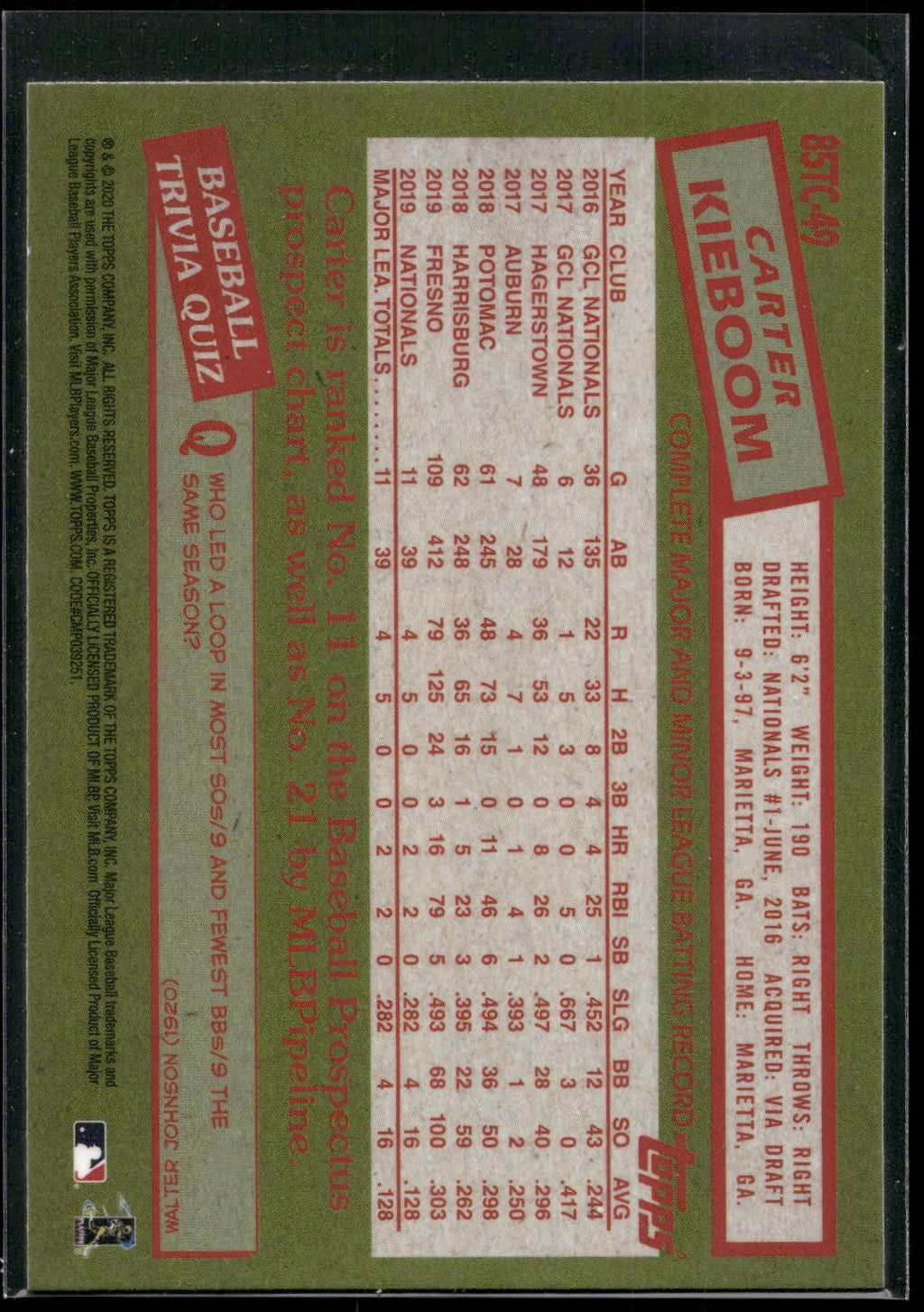 2020 Topps #85TC-49 Carter Kieboom 1985 Topps Chrome Silver Pack Promo