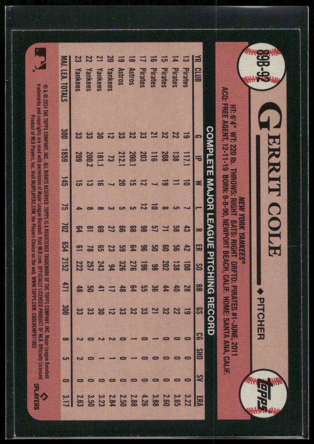 2024 Topps #89B-92 Gerrit Cole 1989 Topps Baseball 35th Anniversary (Series One)