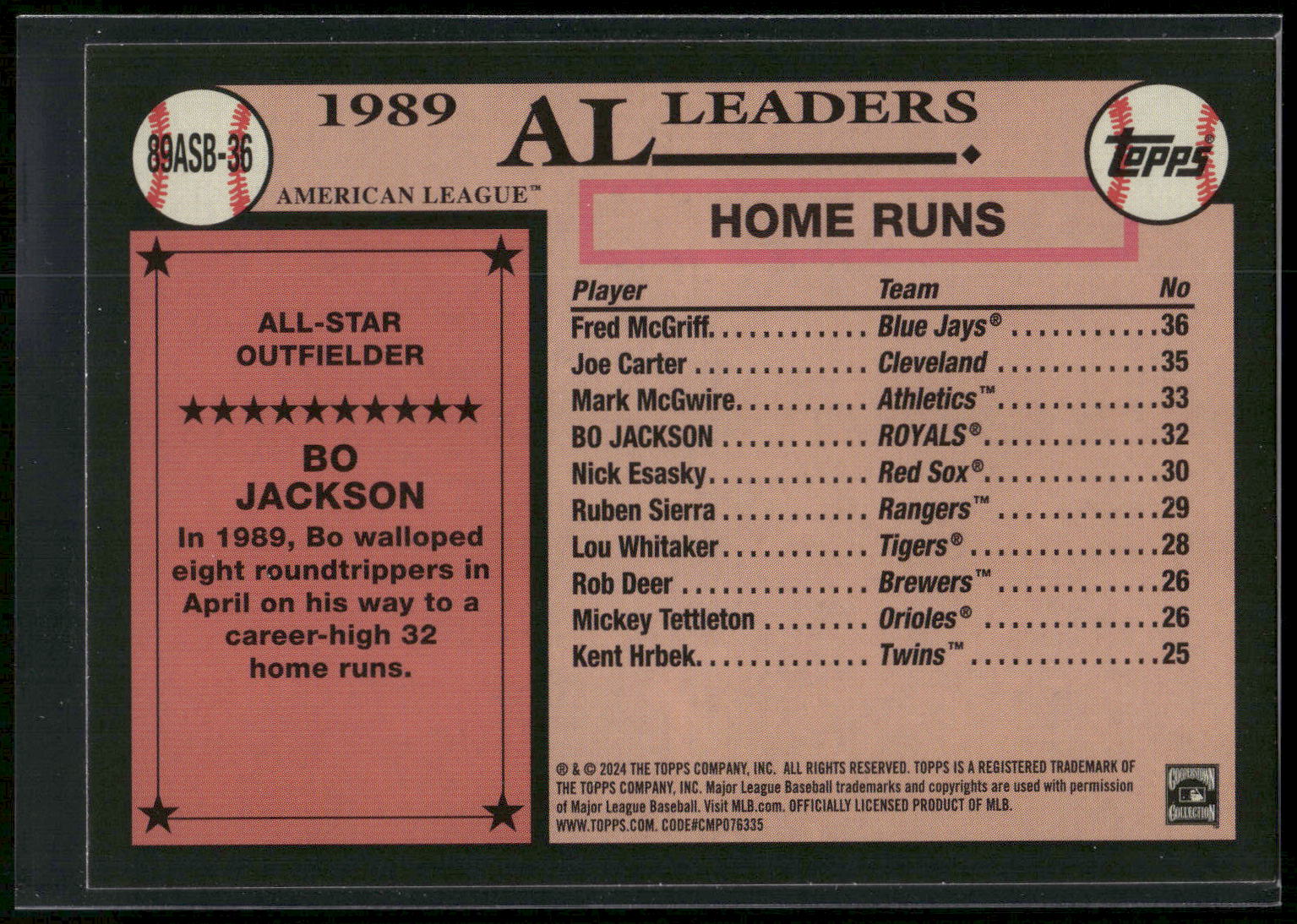 2024 Topps #89ASB-36 Bo Jackson 1989 Topps Baseball 35th Anniversary All-Stars