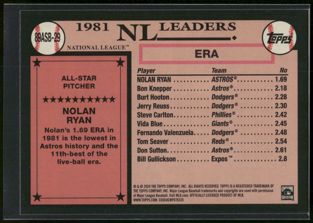2024 Topps #89ASB-29 Nolan Ryan 1989 Topps Baseball 35th Anniversary All-Stars