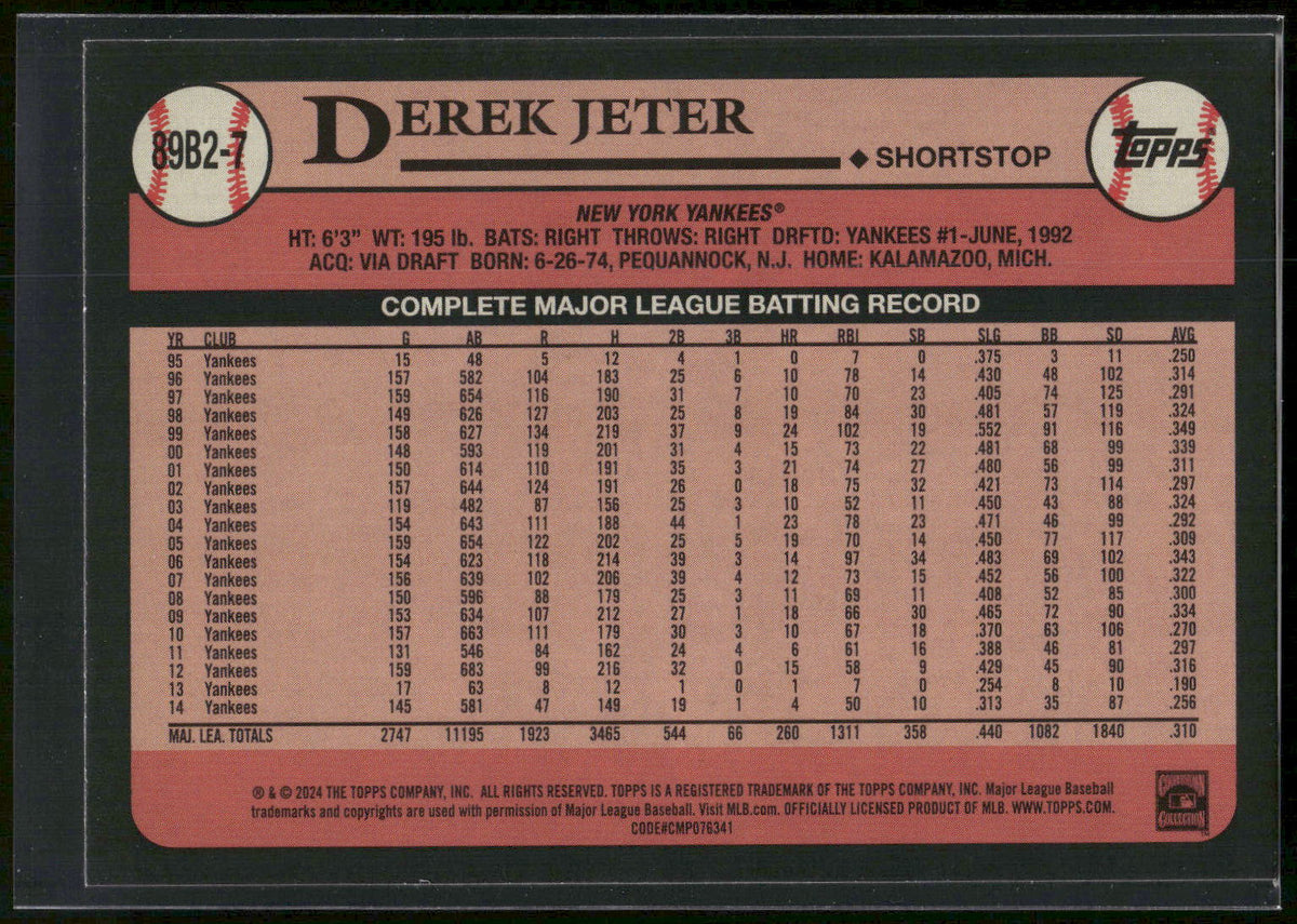 2024 Topps #89B2-7 Derek Jeter 1989 Topps Baseball 35th Anniversary (Series Two)