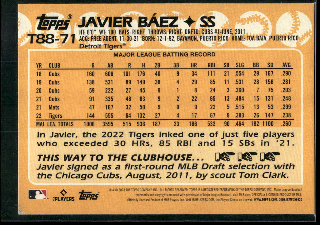2023 Topps #T88-71 Javier Baez 1988 Topps Baseball 35th Anniversary (Series One)