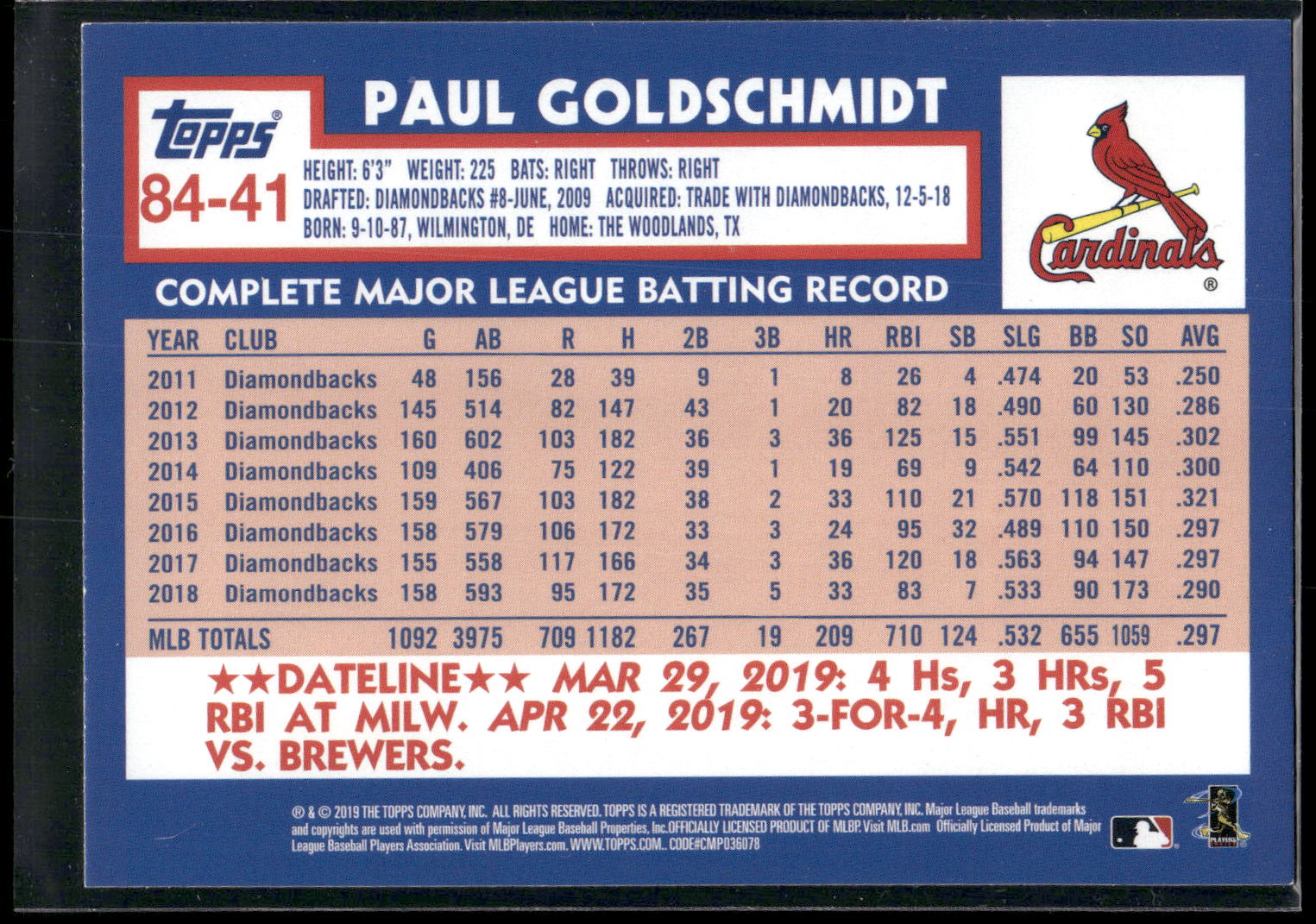 2019 Topps Update #84-41 Paul Goldschmidt 1984 Topps Baseball