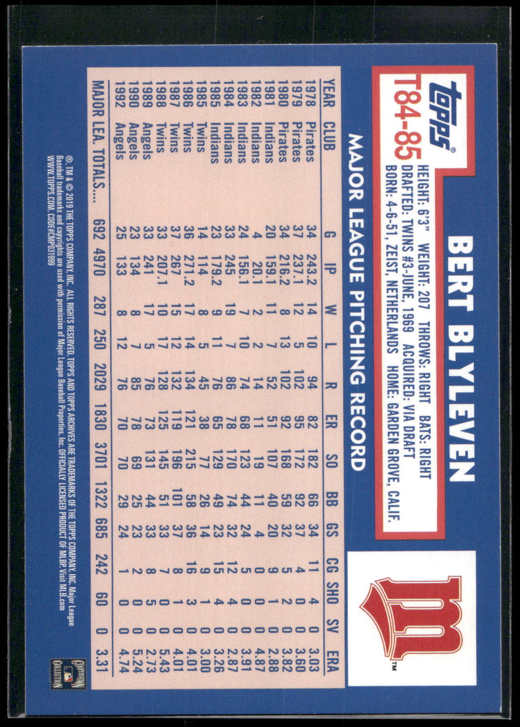 2019 Topps #T84-85 Bert Blyleven 1984 Topps Baseball 35th Anniversary