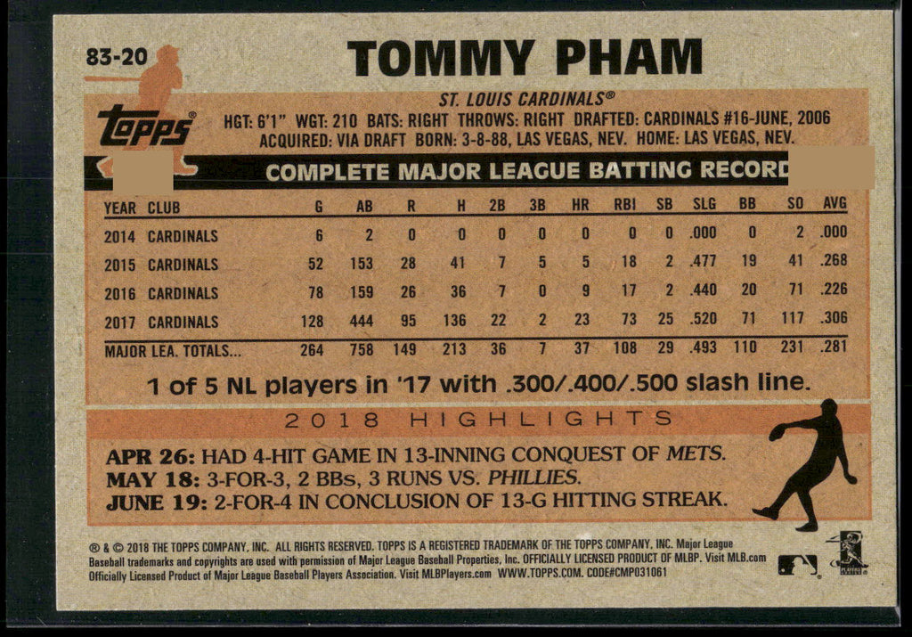 2018 Topps Update #83-20 Tommy Pham 1983 Topps