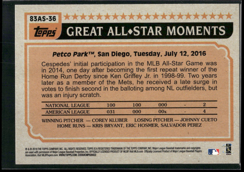 2018 Topps #83AS-36 Yoenis Cespedes 1983 Topps Baseball All-Stars