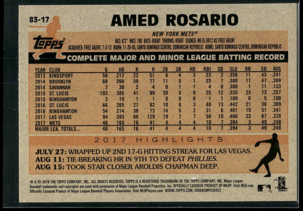2018 Topps #83-17 Amed Rosario 1983 Topps Baseball Rookies