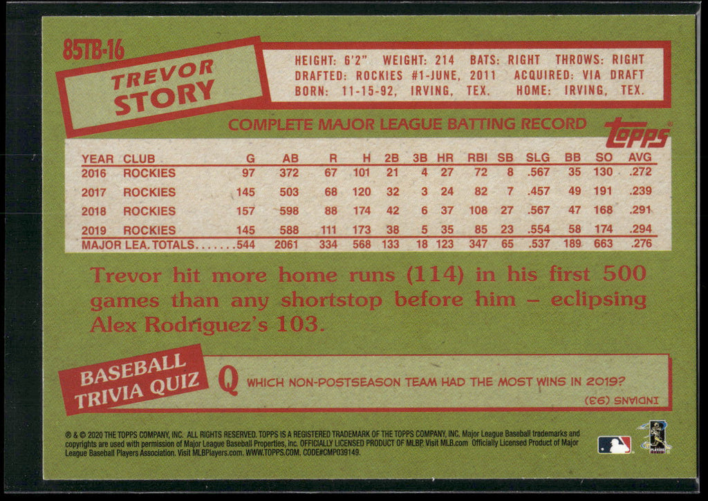 2020 Topps #85TB-16 Trevor Story