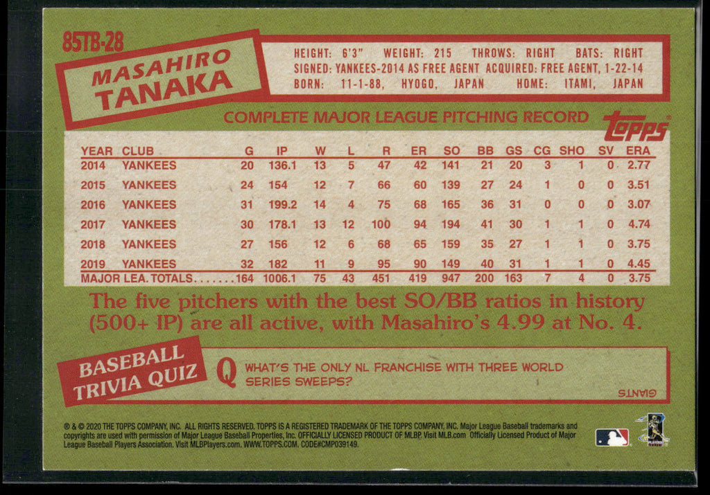 2020 Topps #85TB-28 Masahiro Tanaka