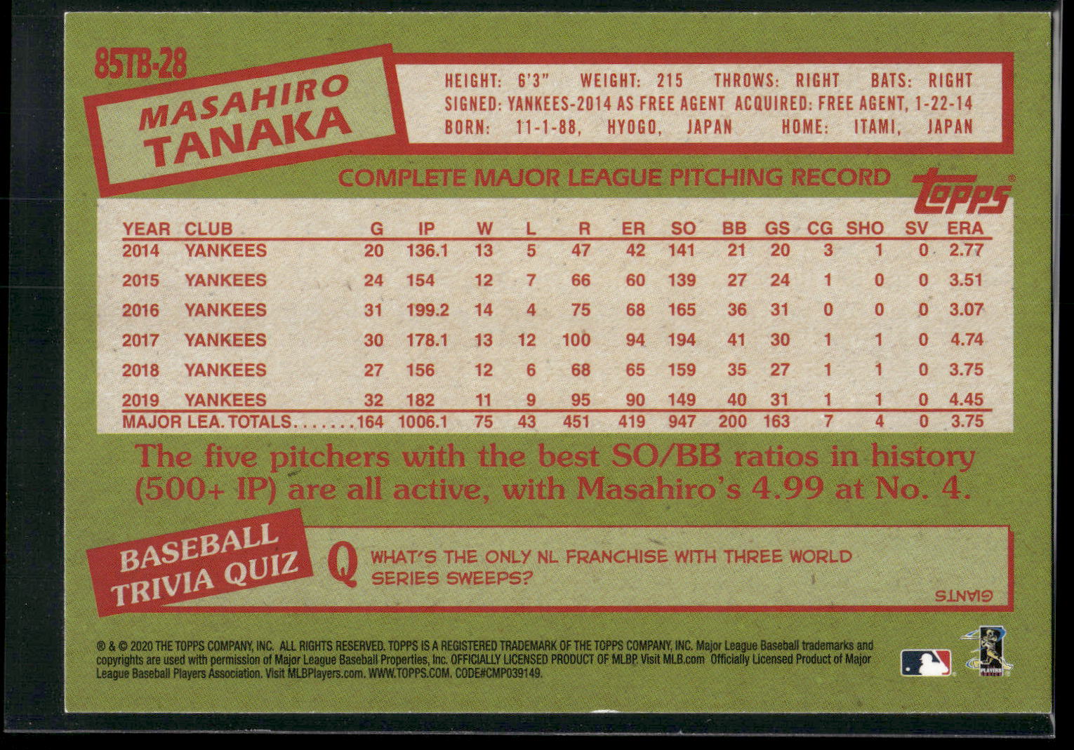 2020 Topps #85TB-28 Masahiro Tanaka