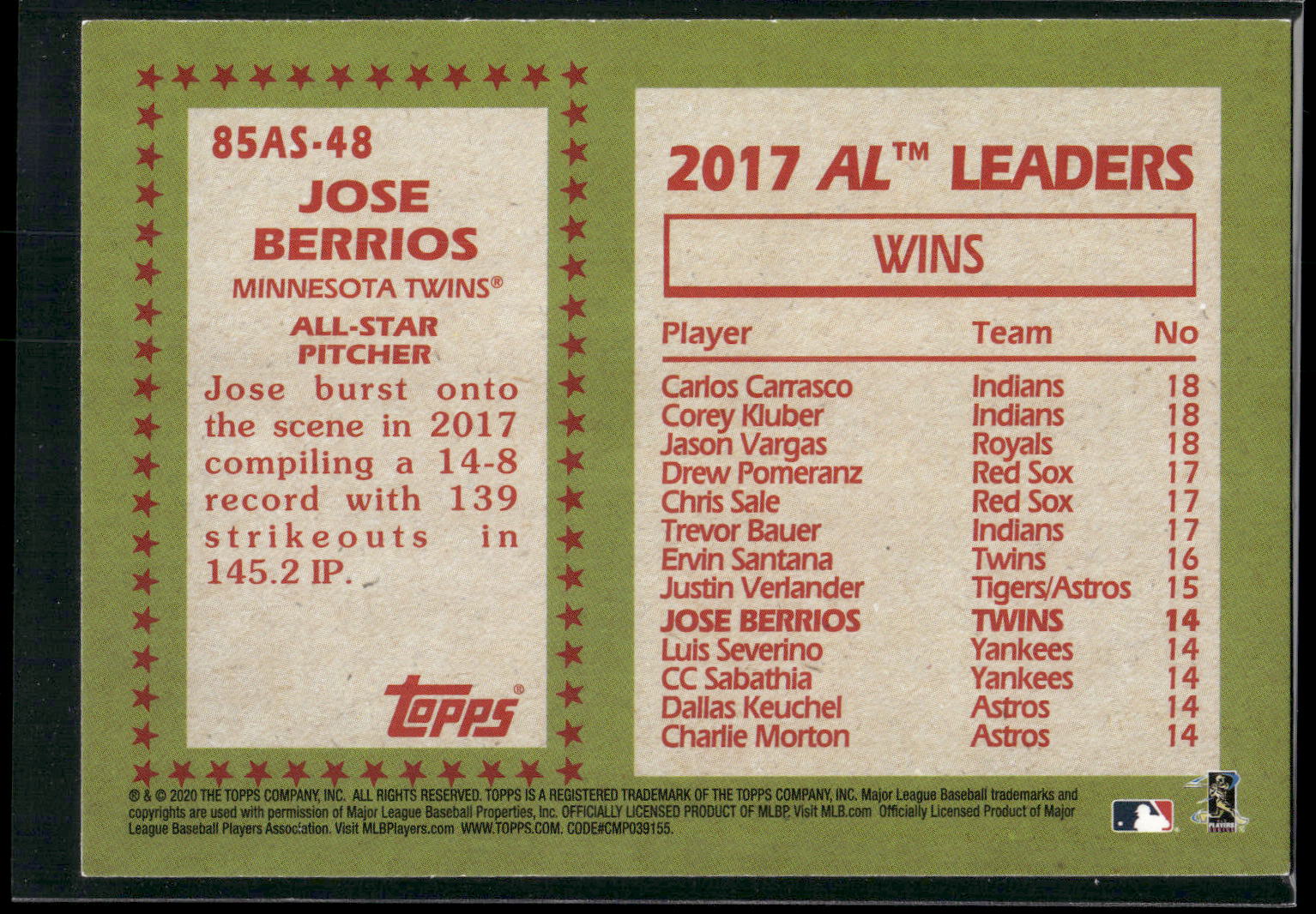 2020 Topps #85AS-48 Jose Berrios 1985 Topps Baseball 35th Anniversary All-Stars