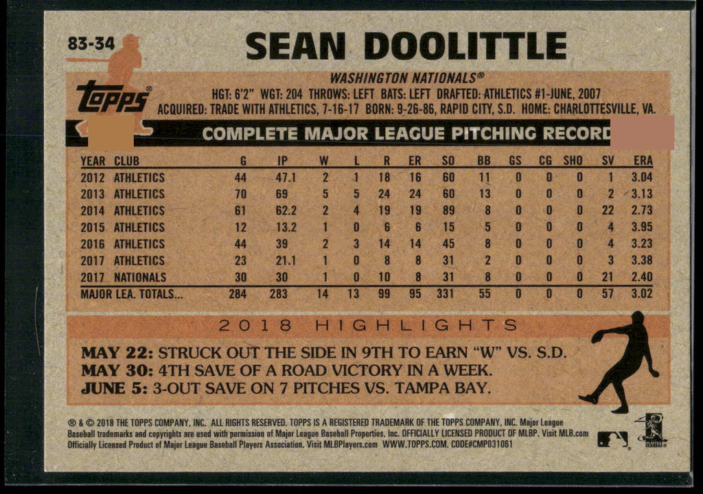 2018 Topps Update #83-34 Sean Doolittle 1983 Topps