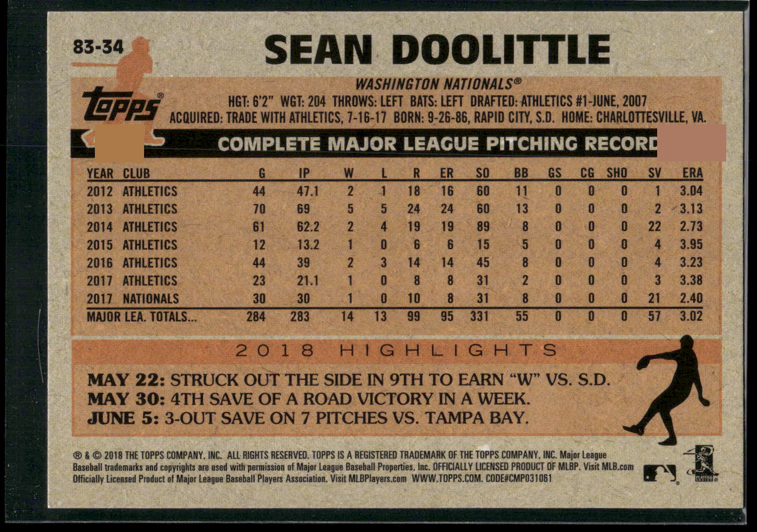 2018 Topps Update #83-34 Sean Doolittle 1983 Topps