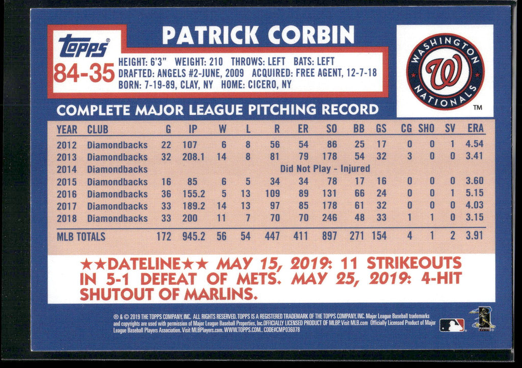2019 Topps Update #84-35 Patrick Corbin 1984 Topps Baseball