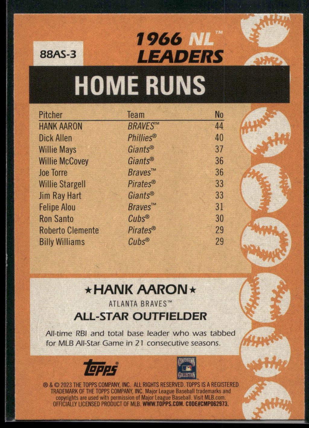 2023 Topps #88AS-3 Hank Aaron 1988 Topps Baseball 35th Anniversary All-Stars