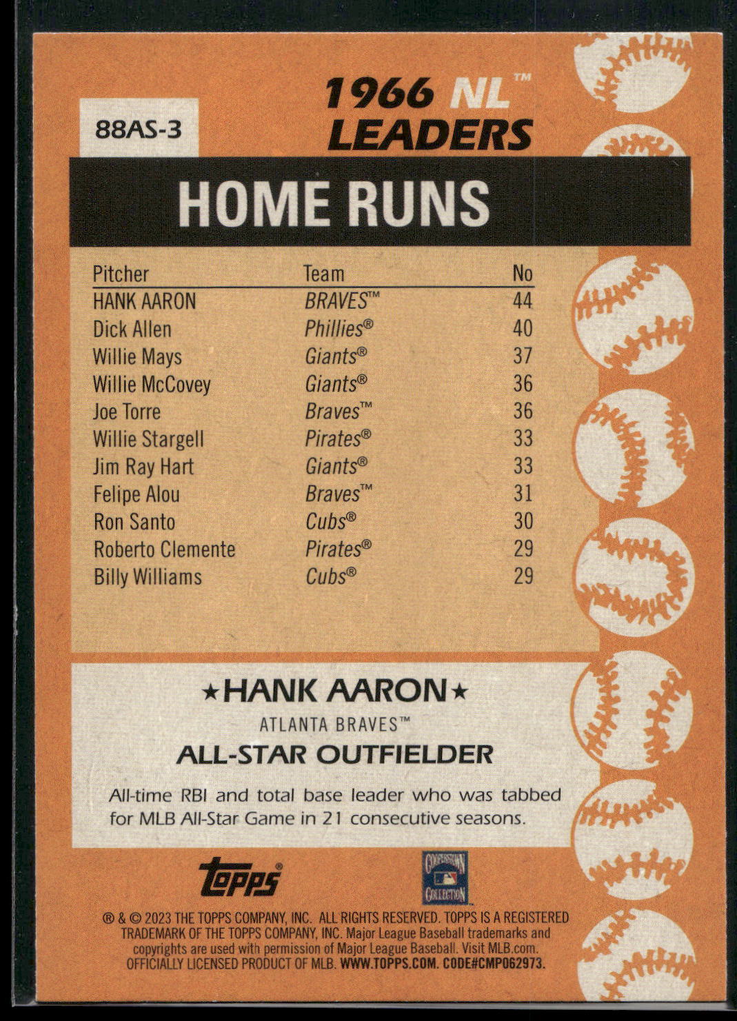 2023 Topps #88AS-3 Hank Aaron 1988 Topps Baseball 35th Anniversary All-Stars