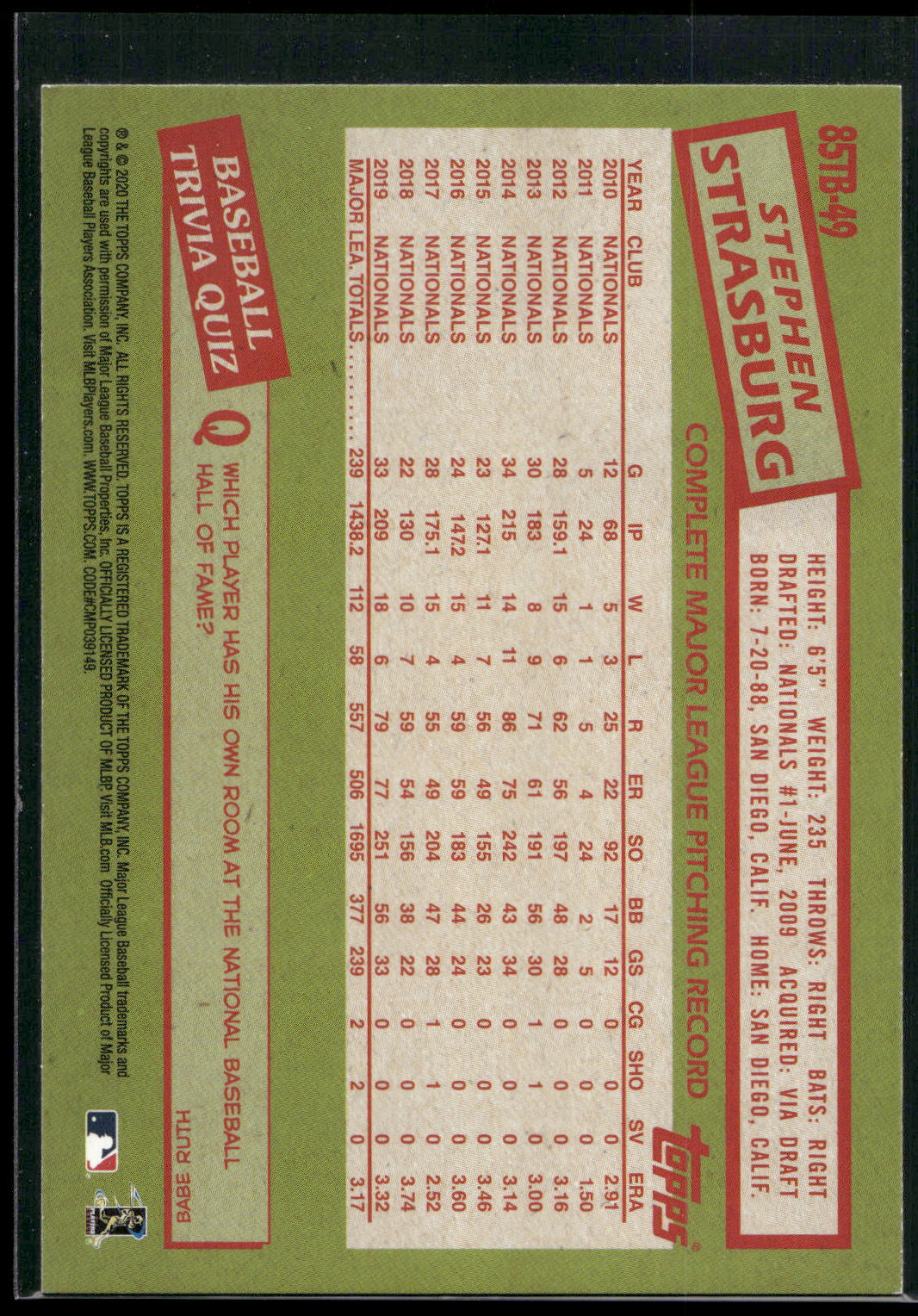 2020 Topps #85TB-49 Stephen Strasburg