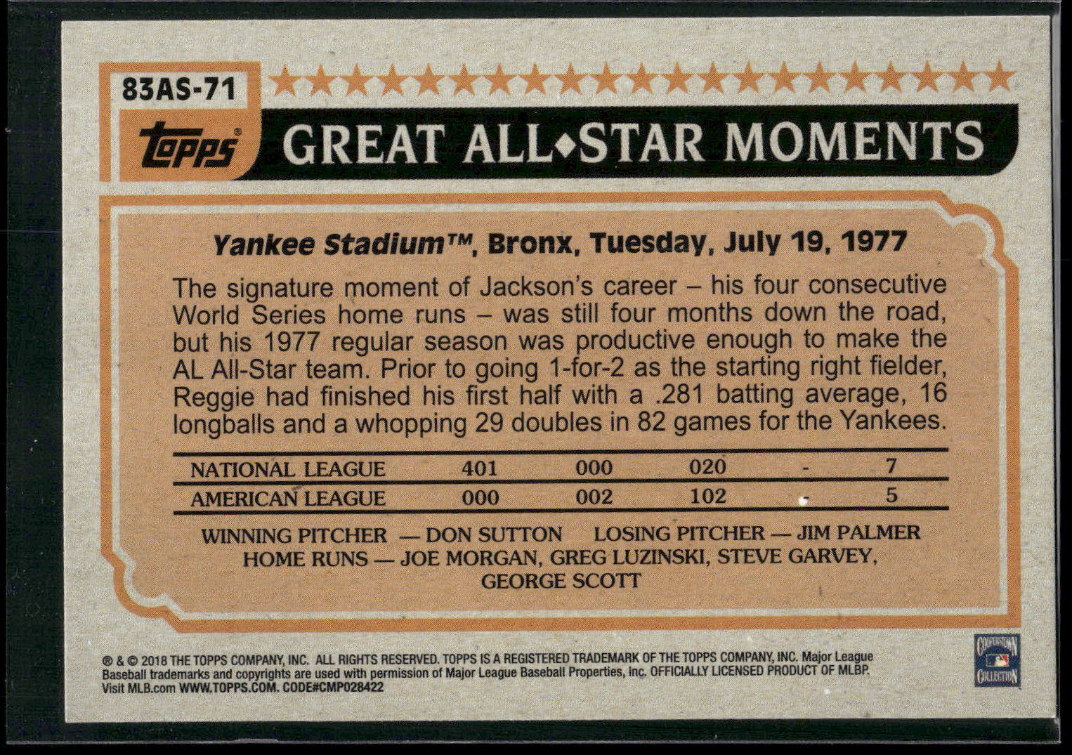 2018 Topps #83AS-71 Reggie Jackson 1983 Topps Baseball All-Stars