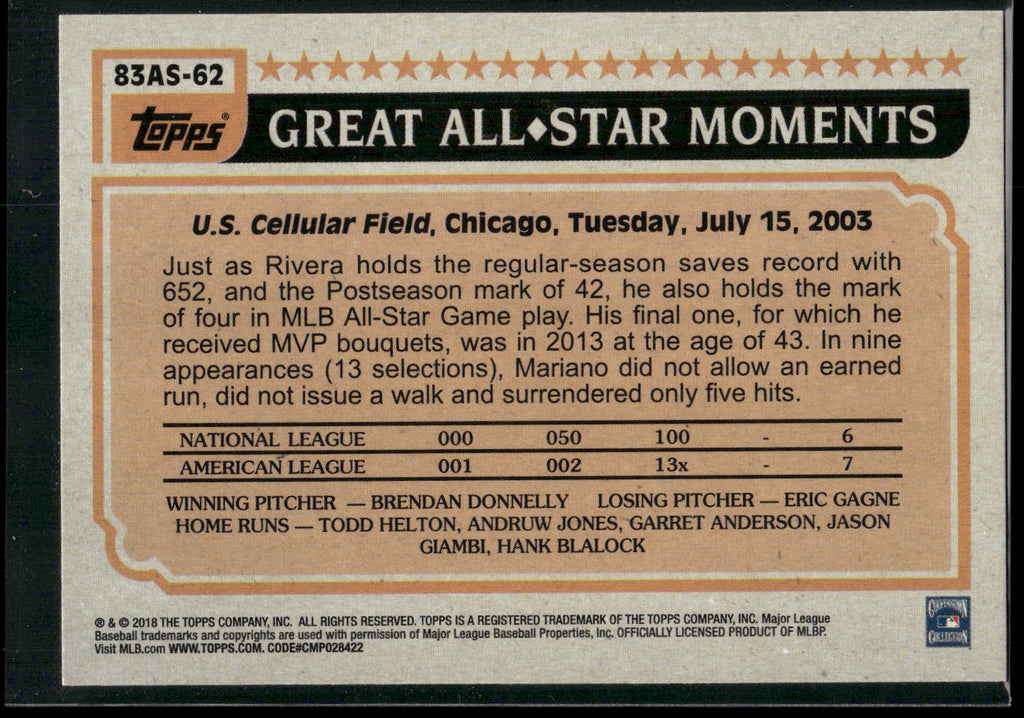 2018 Topps #83AS-62 Mariano Rivera 1983 Topps Baseball All-Stars
