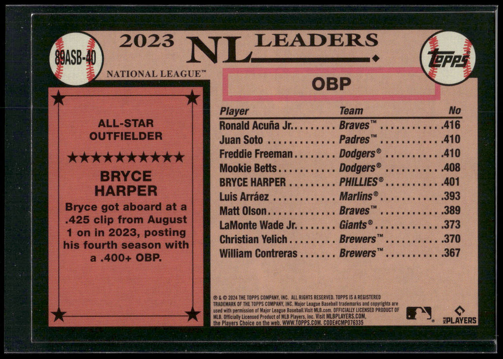 2024 Topps #89ASB-40 Bryce Harper 1989 Topps Baseball 35th Anniversary All-Stars