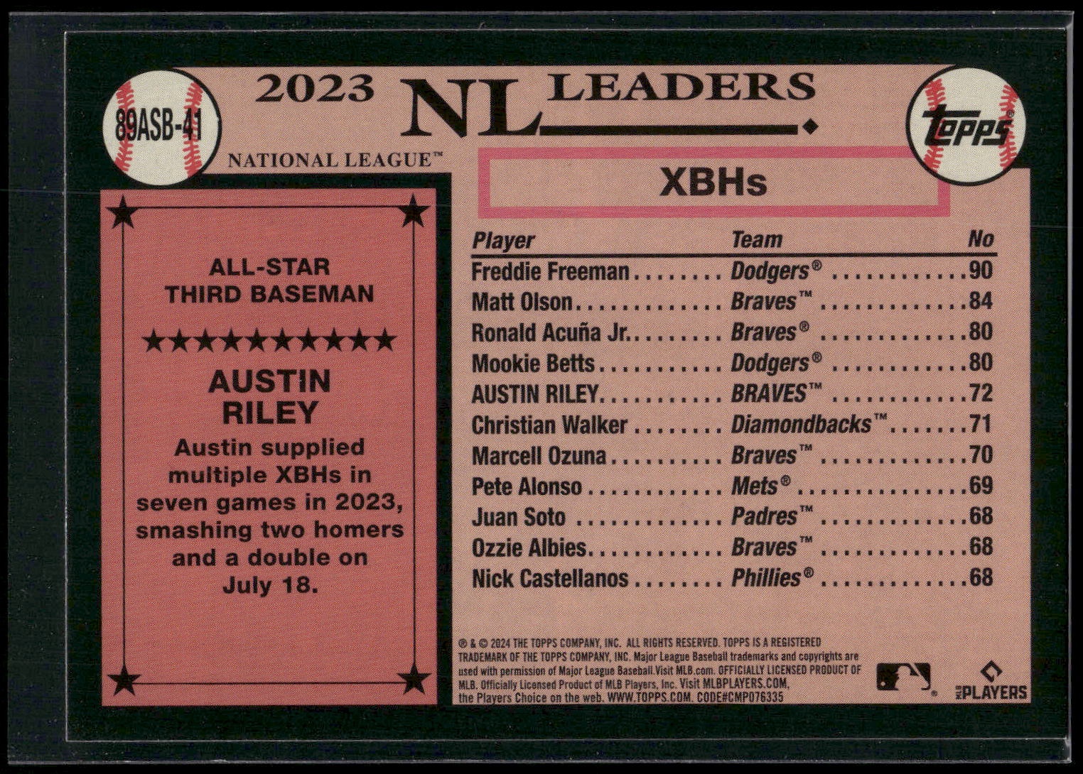 2024 Topps #89ASB-41 Austin Riley 1989 Topps Baseball 35th Anniversary All-Stars
