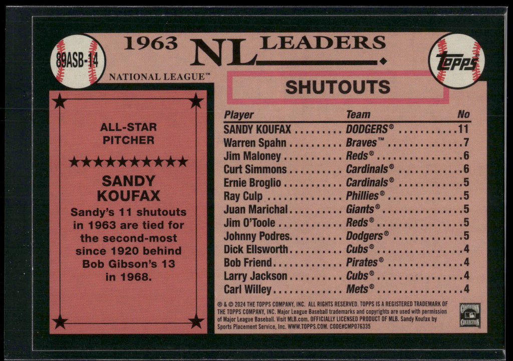 2024 Topps #89ASB-14 Sandy Koufax 1989 Topps Baseball 35th Anniversary All-Stars