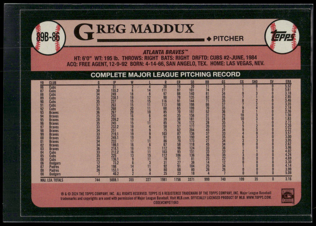 2024 Topps #89B-86 Greg Maddux 1989 Topps Baseball 35th Anniversary (Series One)