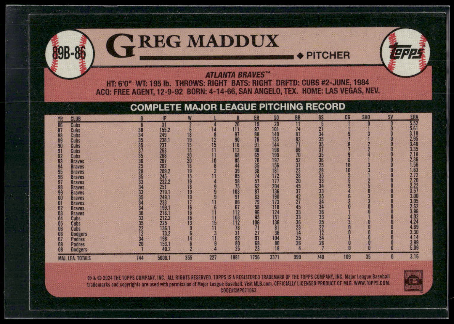2024 Topps #89B-86 Greg Maddux 1989 Topps Baseball 35th Anniversary (Series One)