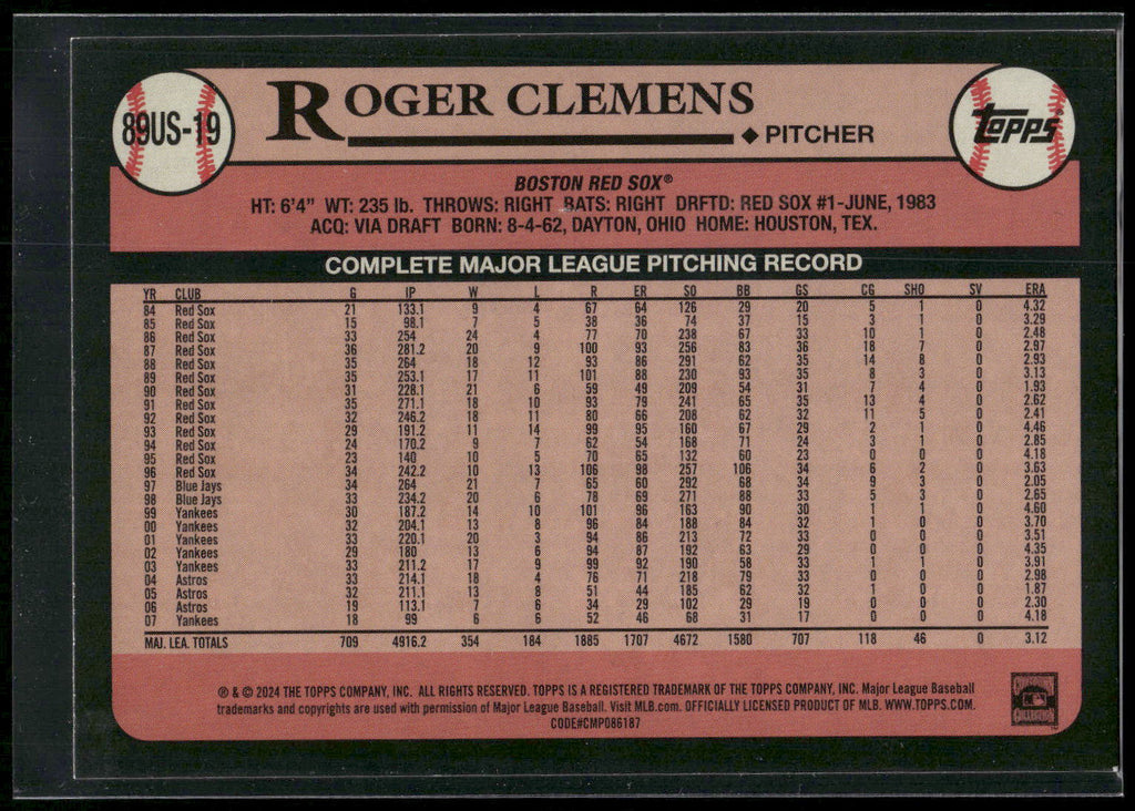 2024 Topps Update #89US-19 Roger Clemens