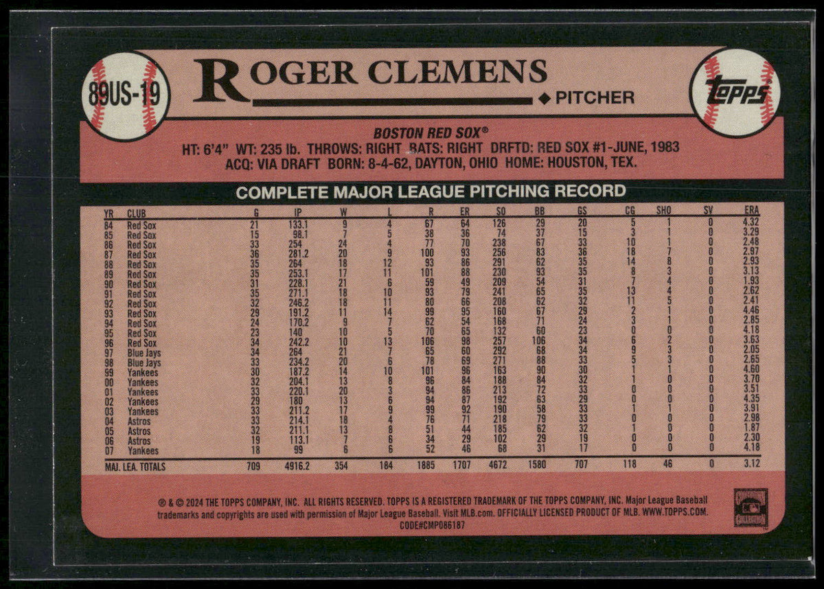 2024 Topps Update #89US-19 Roger Clemens