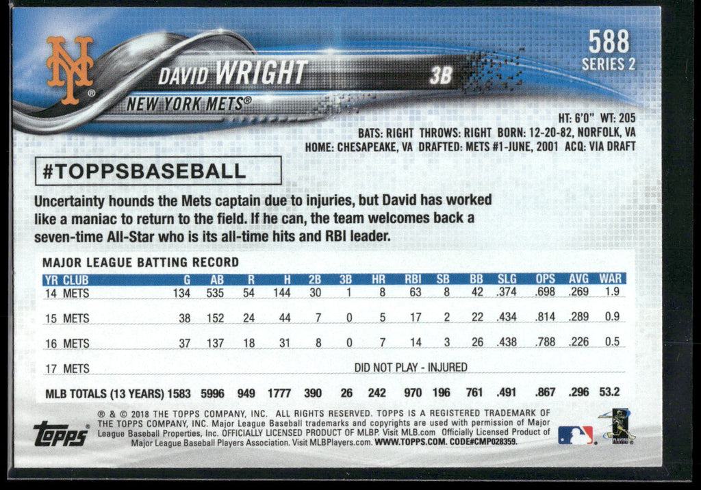 2018 Topps #588 David Wright Rainbow Foil