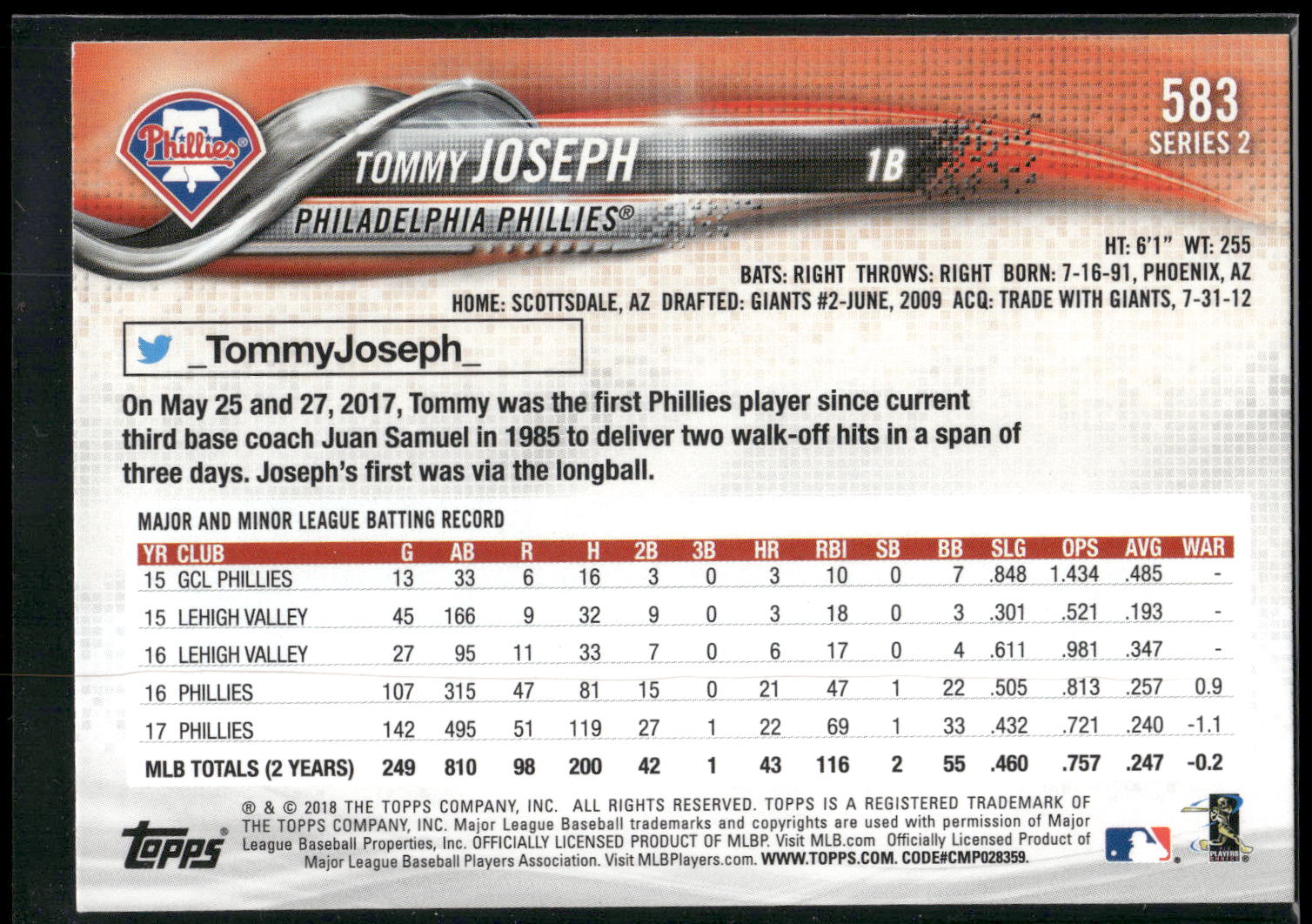 2018 Topps #583 Tommy Joseph Rainbow Foil