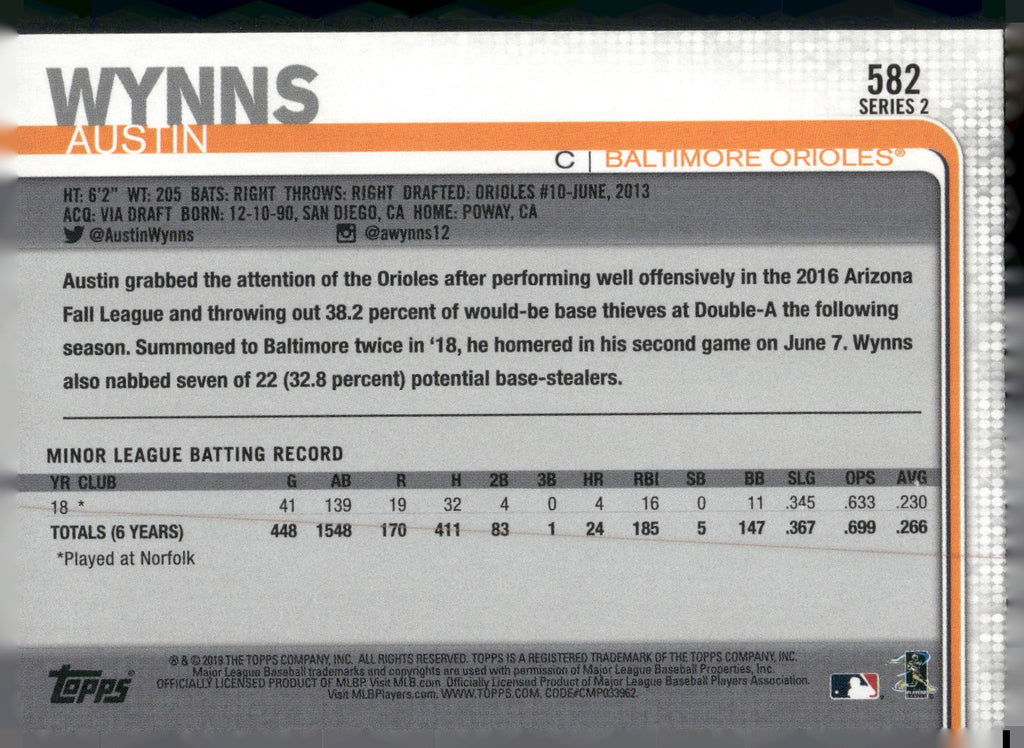 2019 Topps #582 Austin Wynns Rainbow Foil