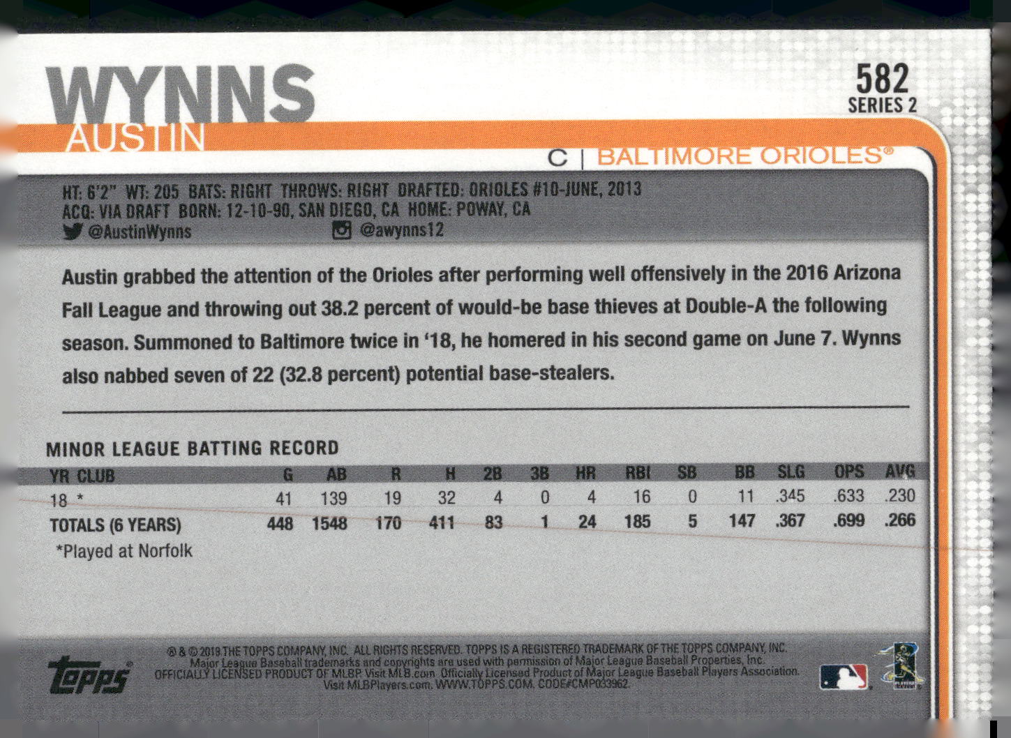 2019 Topps #582 Austin Wynns Rainbow Foil