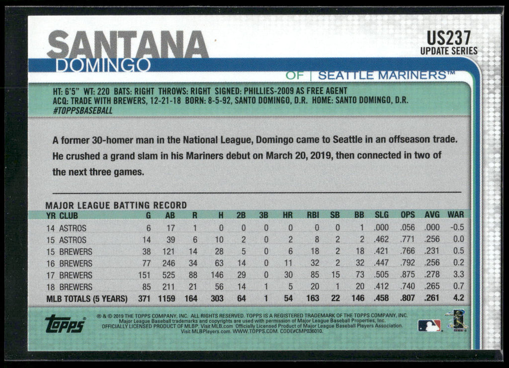 2019 Topps Update #US237 Domingo Santana Rainbow Foil