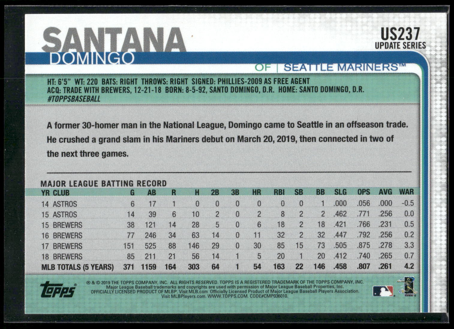 2019 Topps Update #US237 Domingo Santana Rainbow Foil