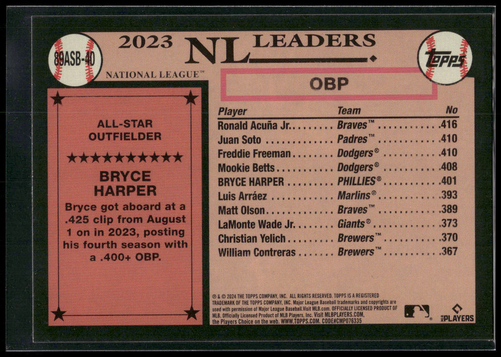 2024 Topps #89ASB-40 Bryce Harper 1989 Topps Baseball 35th Anniversary All-Stars