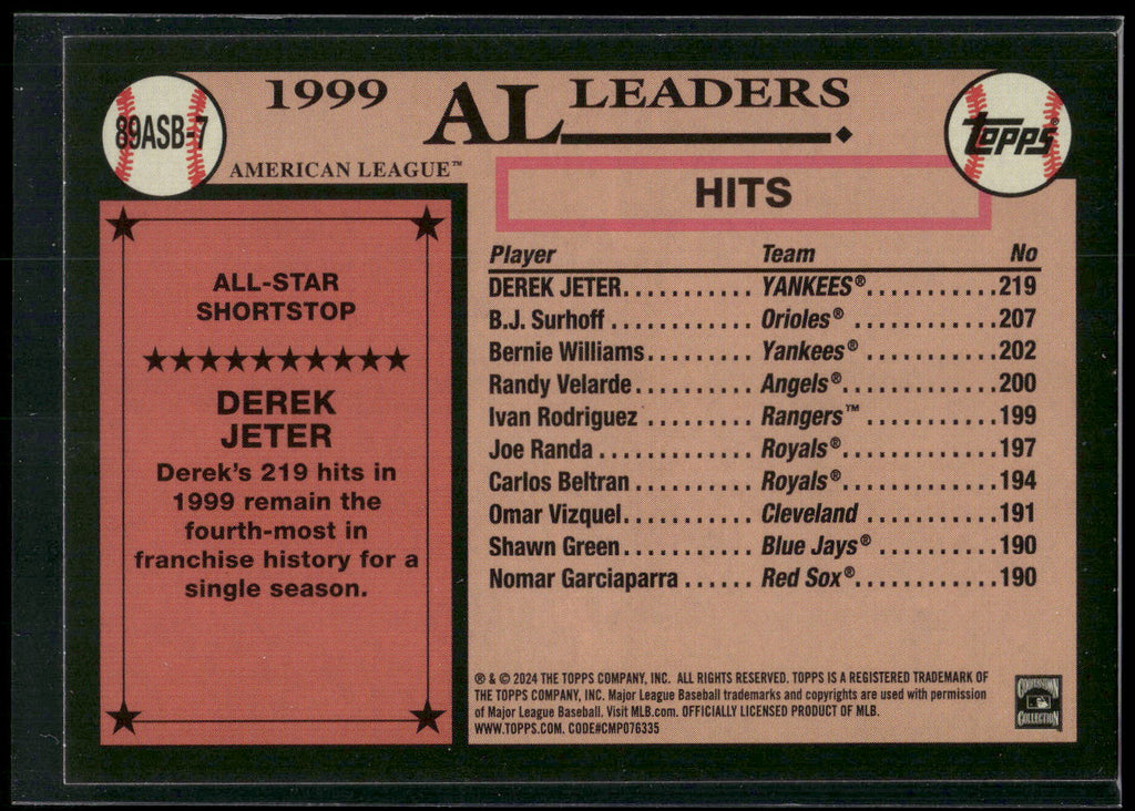 2024 Topps #89ASB-7 Derek Jeter 1989 Topps Baseball 35th Anniversary All-Stars
