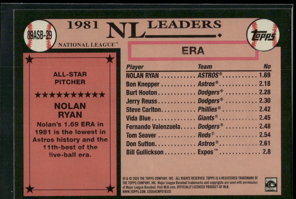2024 Topps #89ASB-29 Nolan Ryan 1989 Topps Baseball 35th Anniversary All-Stars