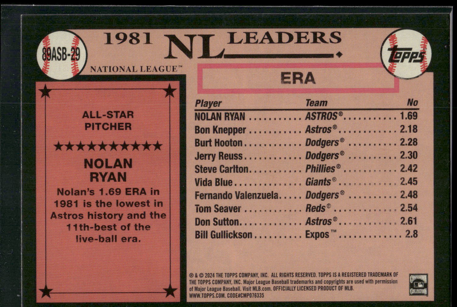 2024 Topps #89ASB-29 Nolan Ryan 1989 Topps Baseball 35th Anniversary All-Stars
