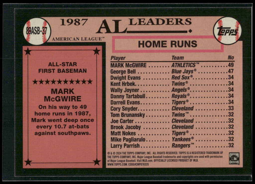 2024 Topps #89ASB-37 Mark McGwire 1989 Topps Baseball 35th Anniversary All-Stars