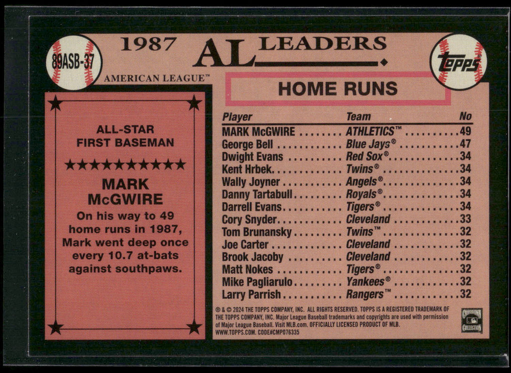 2024 Topps #89ASB-37 Mark McGwire 1989 Topps Baseball 35th Anniversary All-Stars