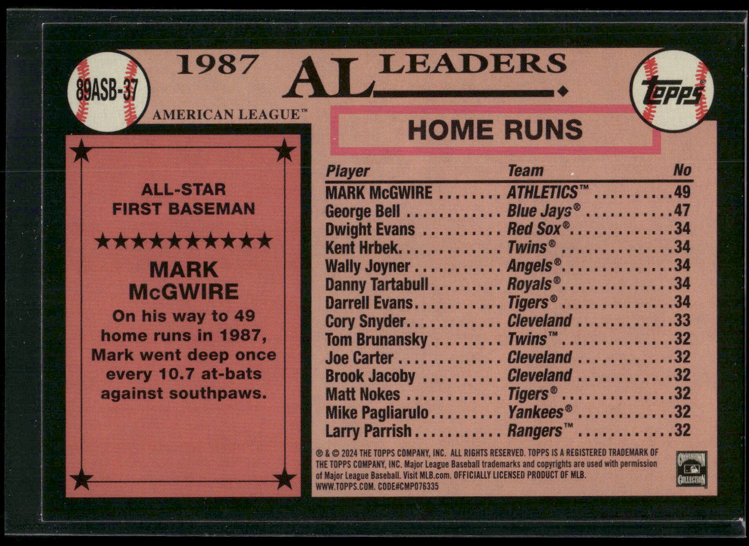 2024 Topps #89ASB-37 Mark McGwire 1989 Topps Baseball 35th Anniversary All-Stars