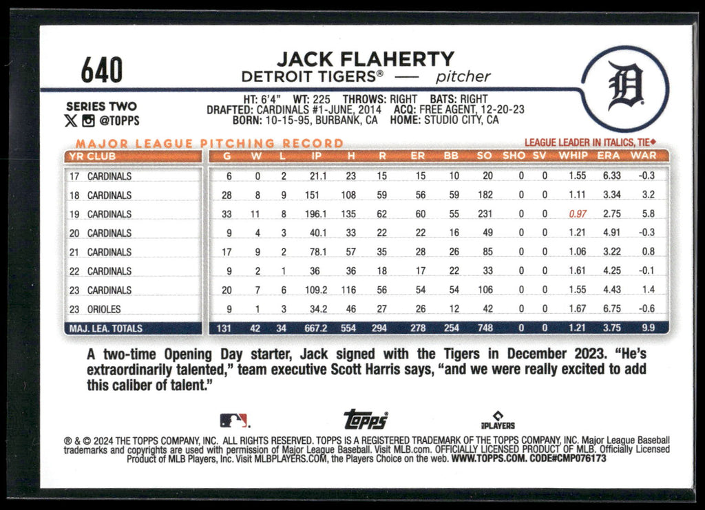 2024 Topps #640 Jack Flaherty Rainbow Foil