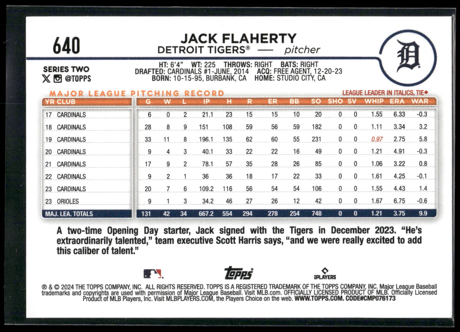 2024 Topps #640 Jack Flaherty Rainbow Foil