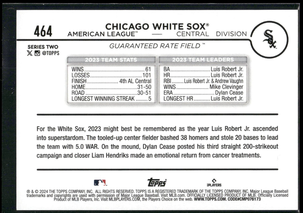 2024 Topps #464 Chicago White Sox Rainbow Foil