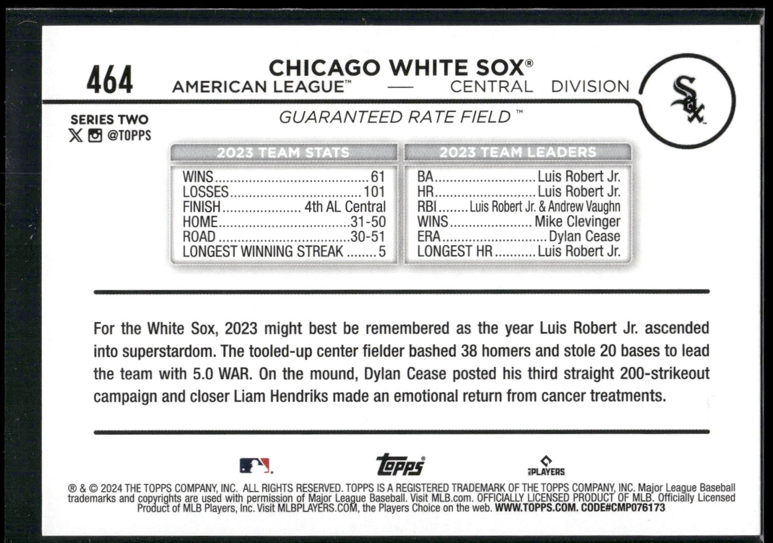 2024 Topps #464 Chicago White Sox Rainbow Foil